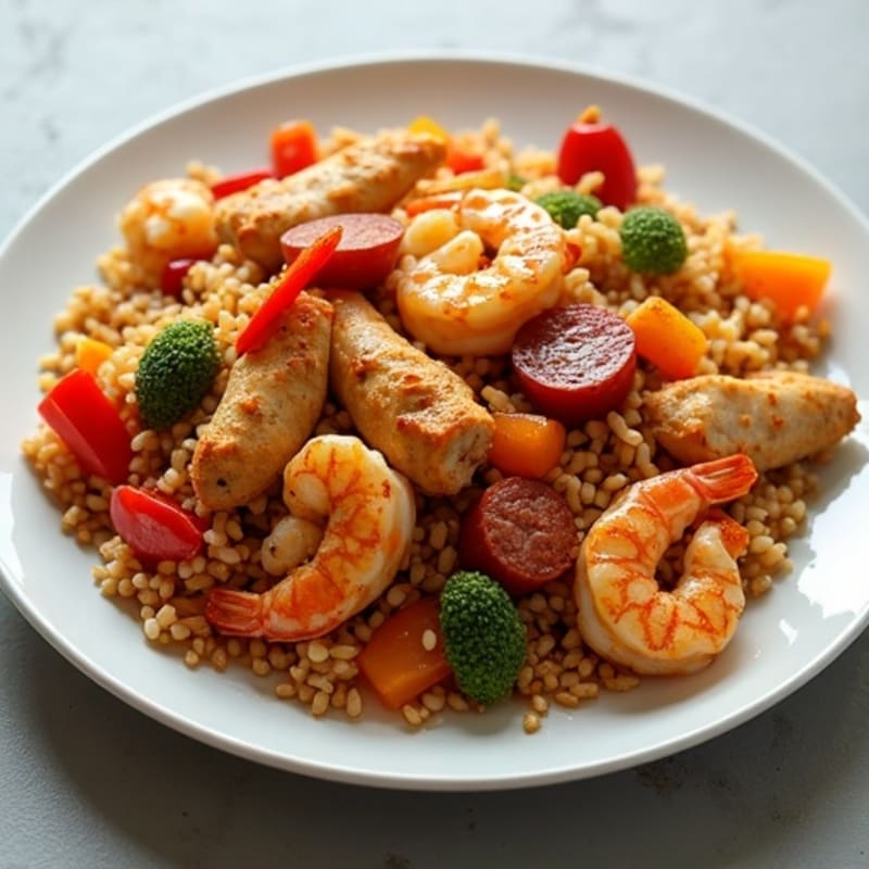 Spicy Chicken, Shrimp, and Turkey Sausage Rice Skillet