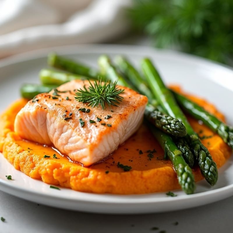 Seared Garlic Herb Salmon with Roasted Asparagus and Sweet Potato Mash
