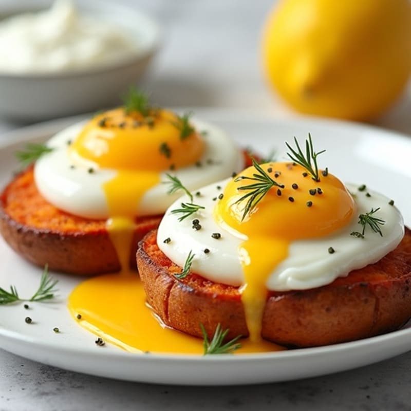 Poached Eggs with Crispy Sweet Potato Rounds and Creamy Lemon Dill Sauce