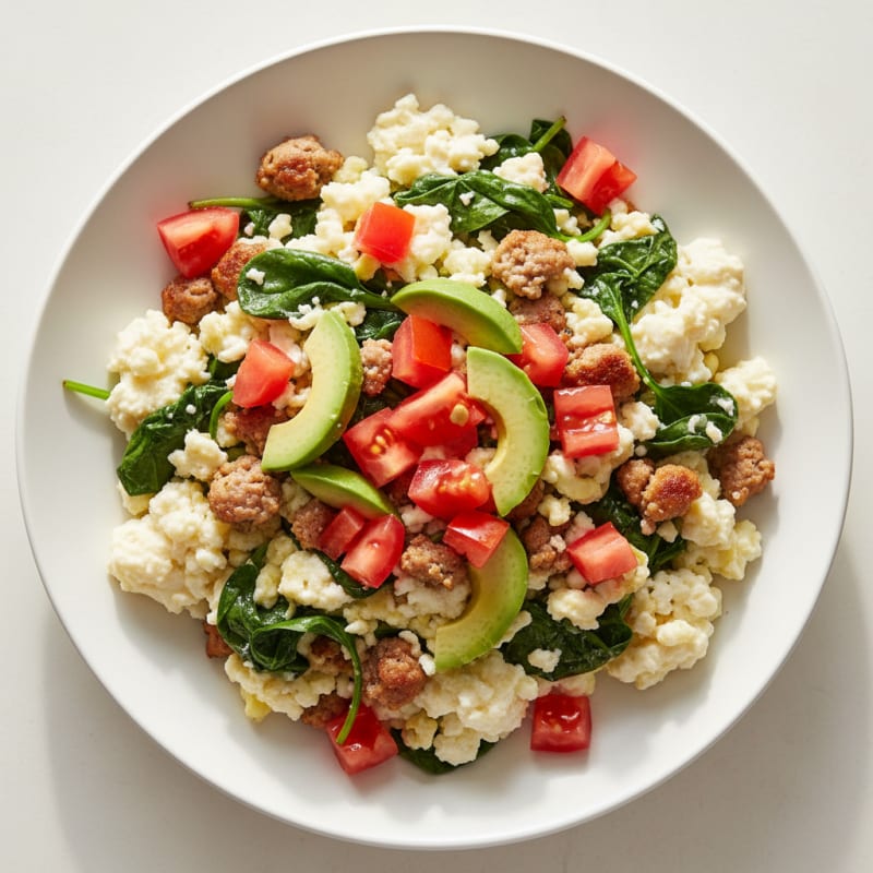 Egg White Spinach Scramble with Turkey Sausage and Fresh Tomato