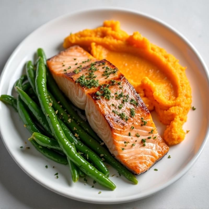 Seared Salmon with Steamed Green Beans and Sweet Potato Mash