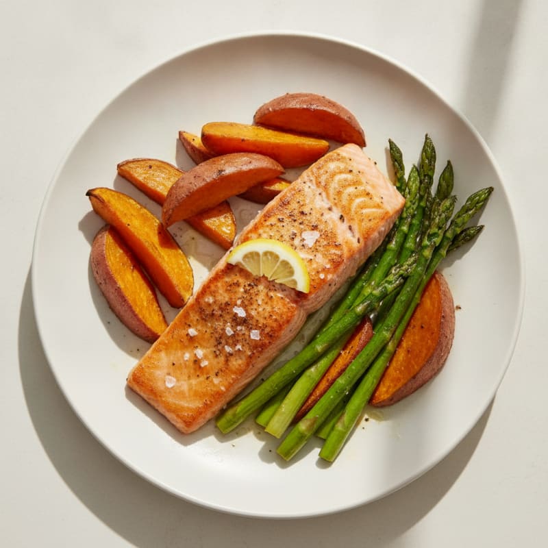 Seared Salmon Fillet with Roasted Sweet Potato and Asparagus