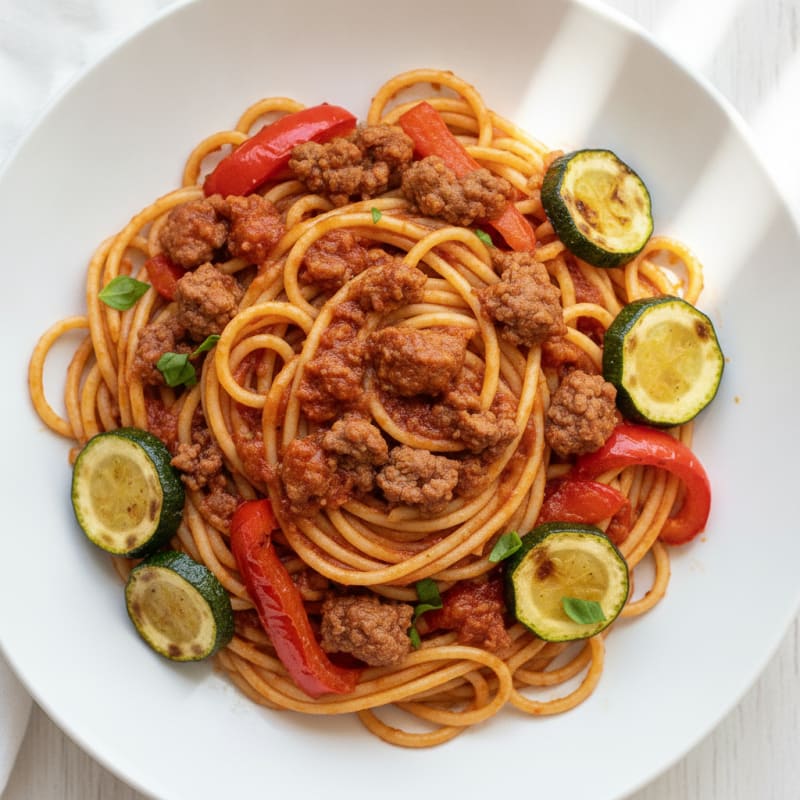 Lean Beef Spaghetti with Roasted Vegetables