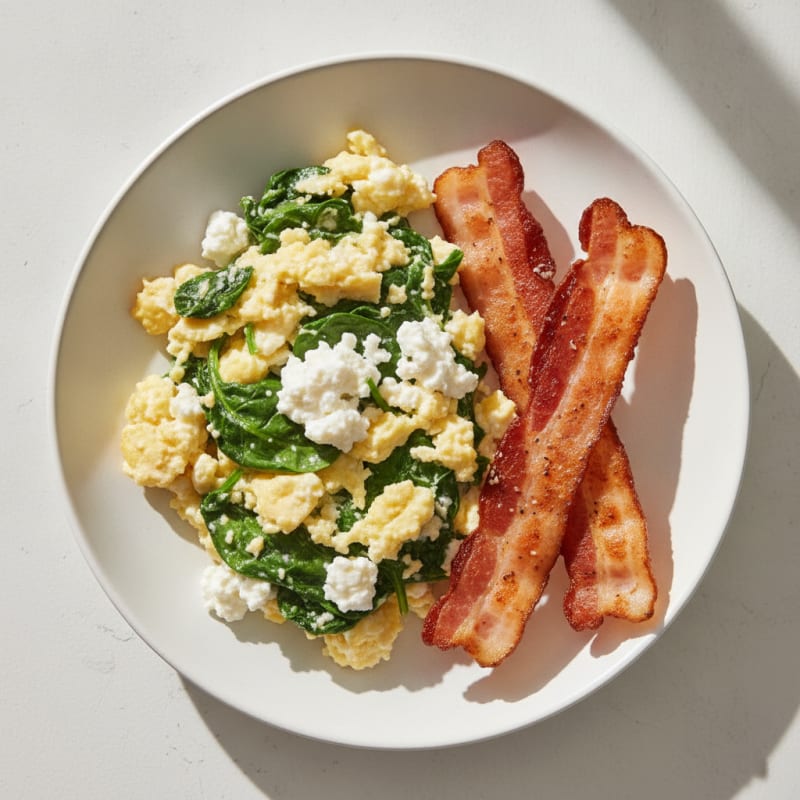 Cottage Cheese Scramble with Spinach and Turkey Bacon