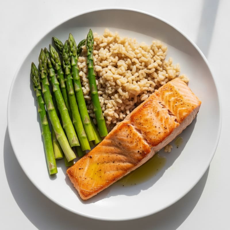 Seared Salmon with Steamed Asparagus and Brown Rice