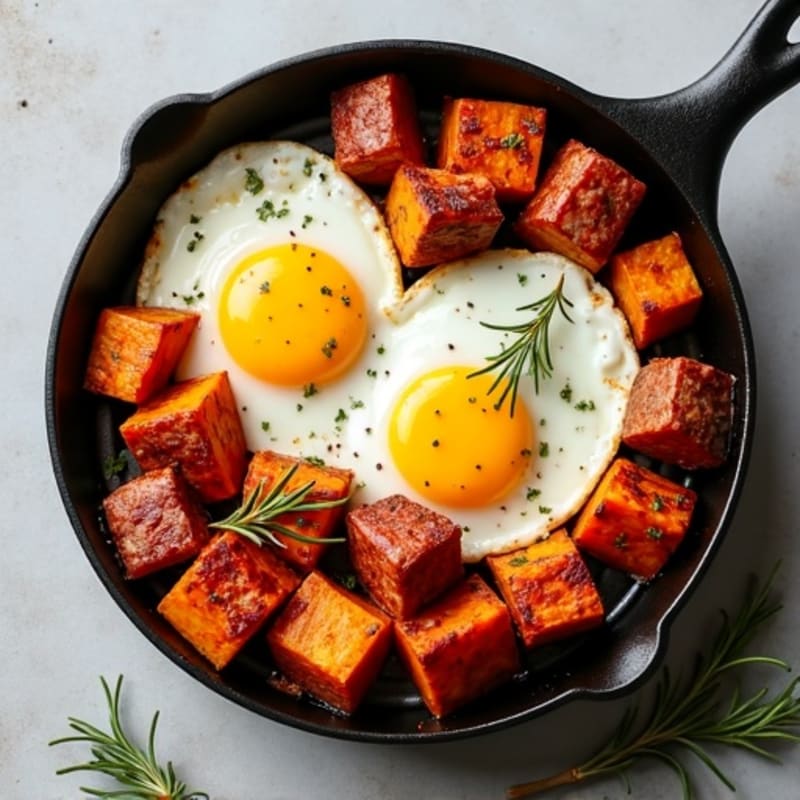 Crispy Sweet Potato and Lean Turkey Sausage Skillet with Baked Eggs