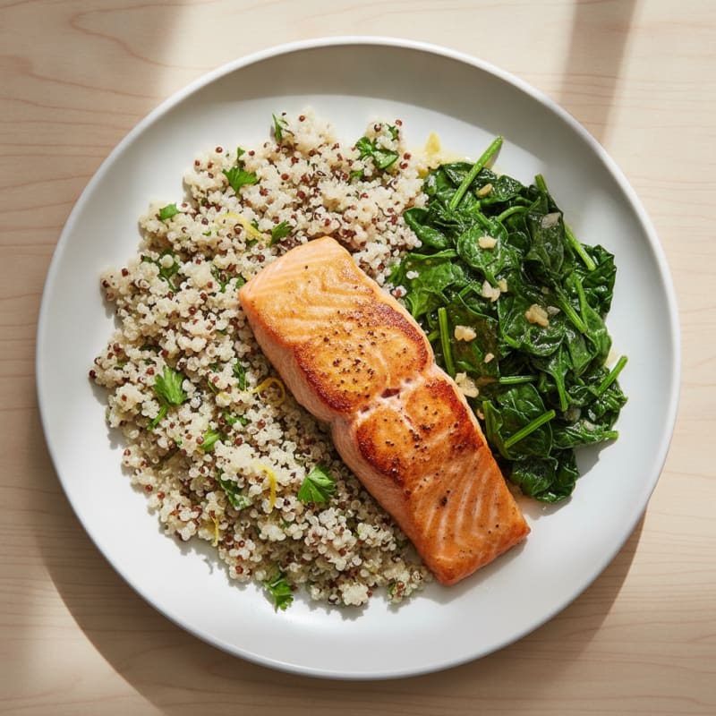 Seared Salmon Fillet with Herbed Quinoa and Sautéed Spinach