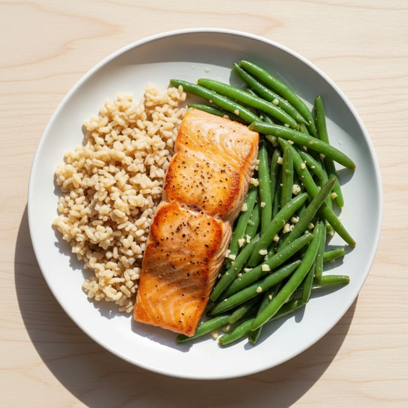 Seared Salmon with Garlic Green Beans and Brown Rice