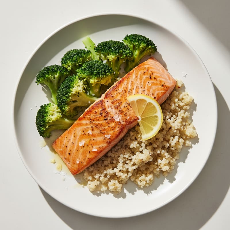 Seared Salmon Fillet with Steamed Broccoli and Quinoa