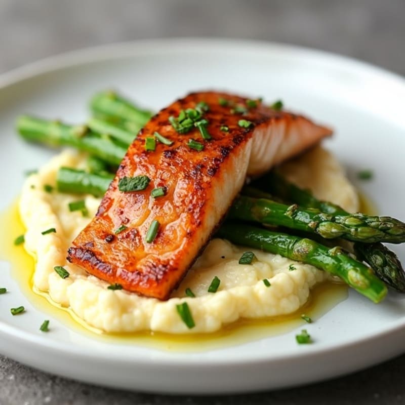 Seared Salmon with Steamed Asparagus and Cauliflower Mash