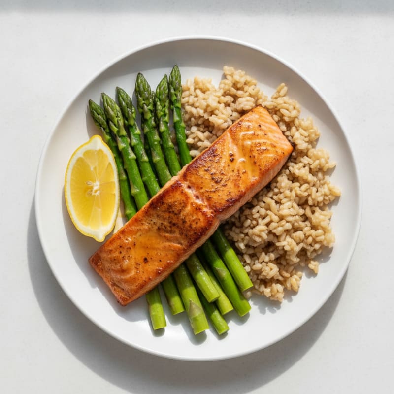 Seared Salmon Fillet with Steamed Asparagus and Brown Rice
