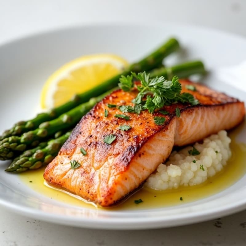 Seared Salmon with Steamed Asparagus and Cauliflower Mash