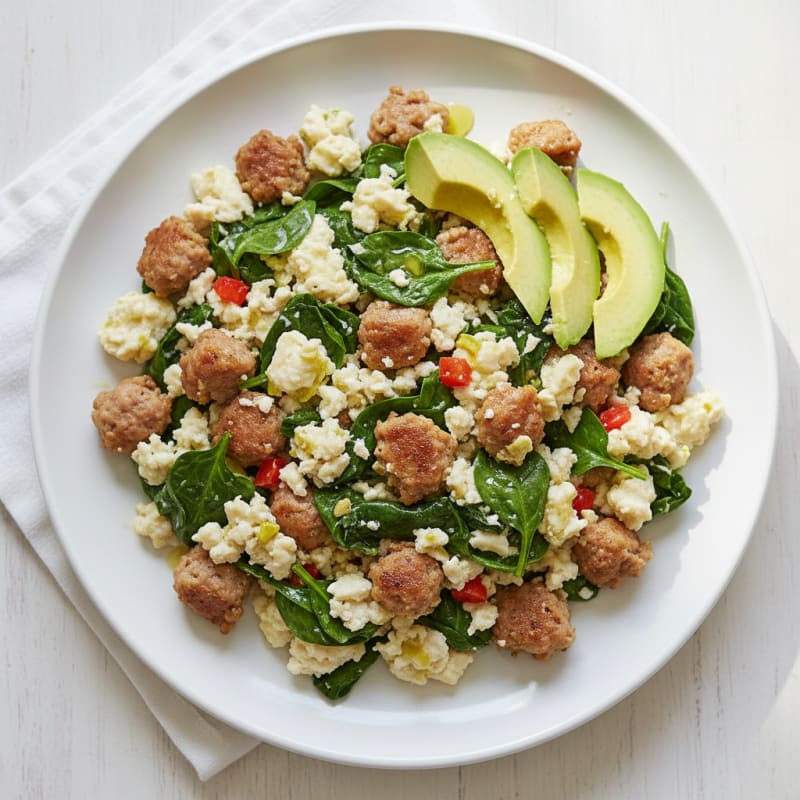 Egg White and Turkey Sausage Scramble with Sautéed Spinach