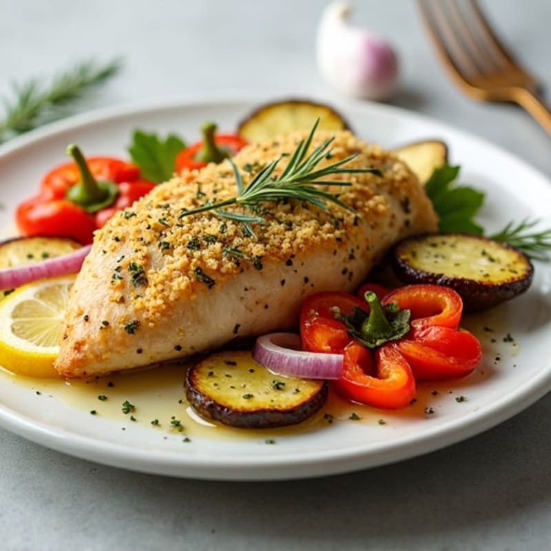 Herb-Crusted Chicken with Lemon Garlic Roasted Vegetables