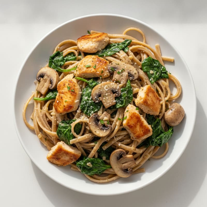 Garlic Mushroom Chicken Linguine with Spinach