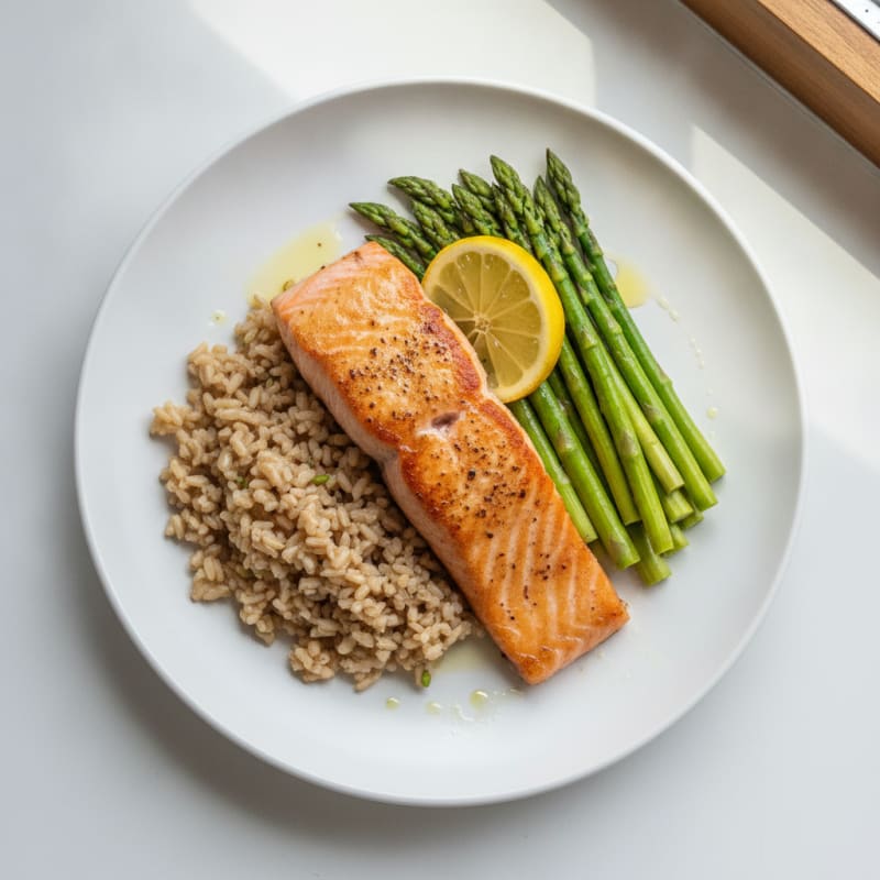 Seared Salmon with Steamed Asparagus and Brown Rice
