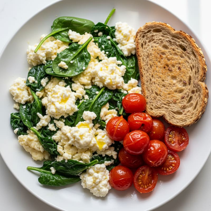 Egg White and Spinach Scramble with Cottage Cheese and Cherry Tomatoes