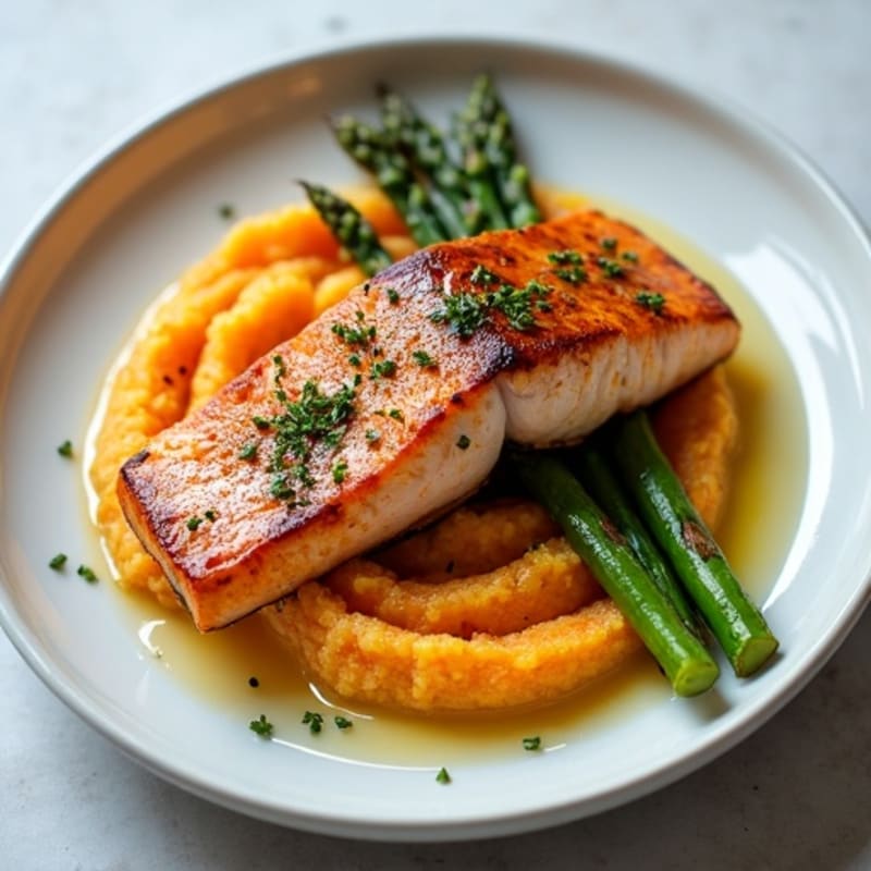Seared Salmon Fillet with Roasted Asparagus and Sweet Potato Mash