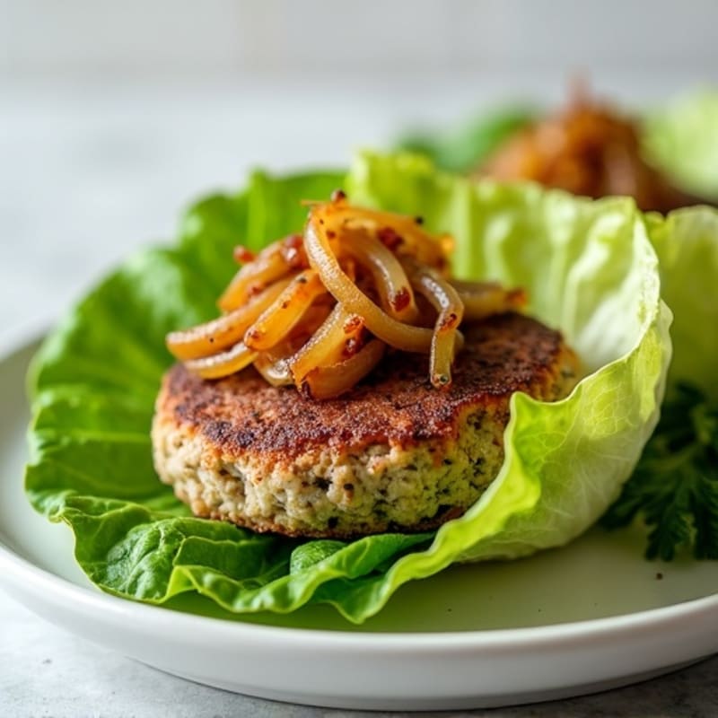 Herb-Seasoned Lettuce Wrap Burger with Caramelized Onions