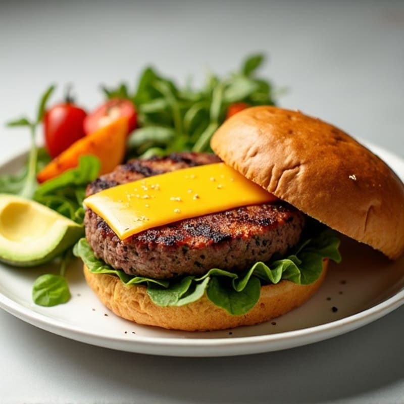 Grilled Beef Burger with Roasted Sweet Potato Wedges and Mixed Greens