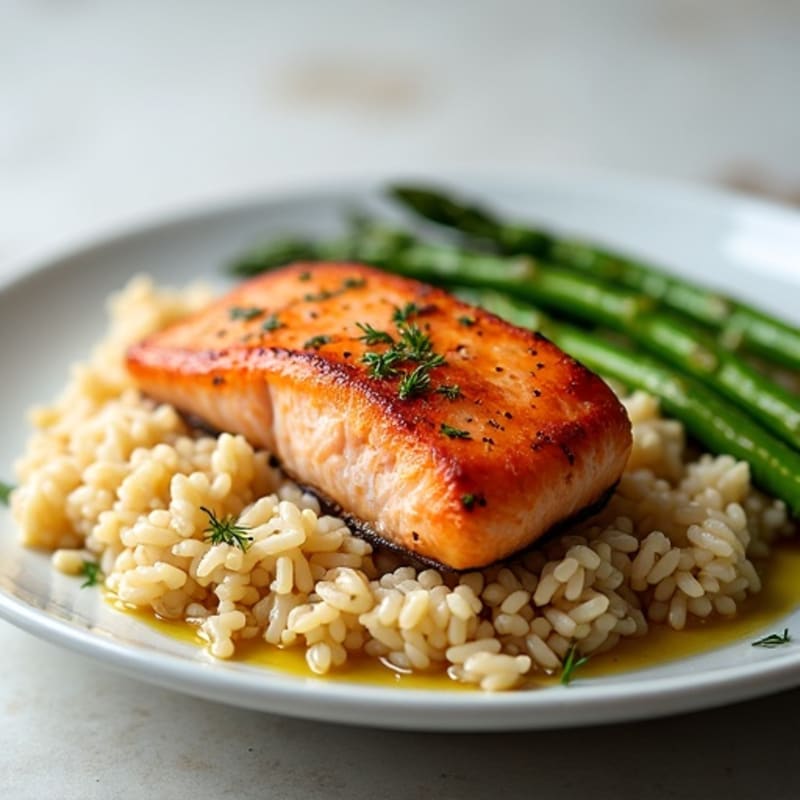 Seared Salmon with Steamed Asparagus and Brown Rice