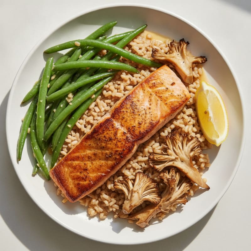 Seared Salmon Fillet with Brown Rice and Garlic Green Beans