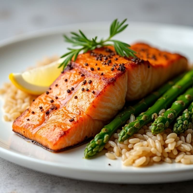 Seared Salmon Fillet with Steamed Asparagus and Brown Rice