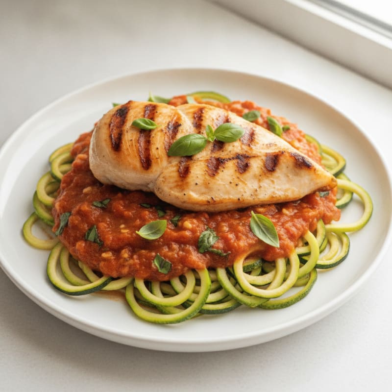 Grilled Chicken Breast with Zucchini Noodles and Tomato Basil Sauce