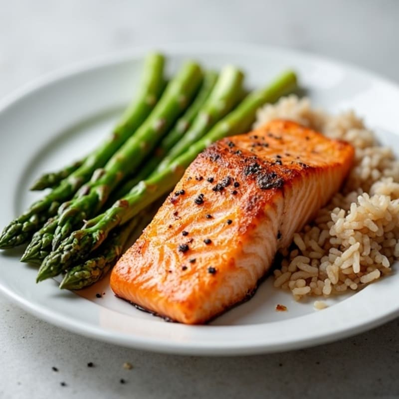 Seared Salmon Fillet with Steamed Asparagus and Brown Rice