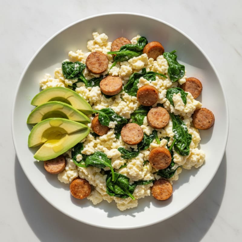 Egg White Scramble with Turkey Sausage and Sautéed Spinach