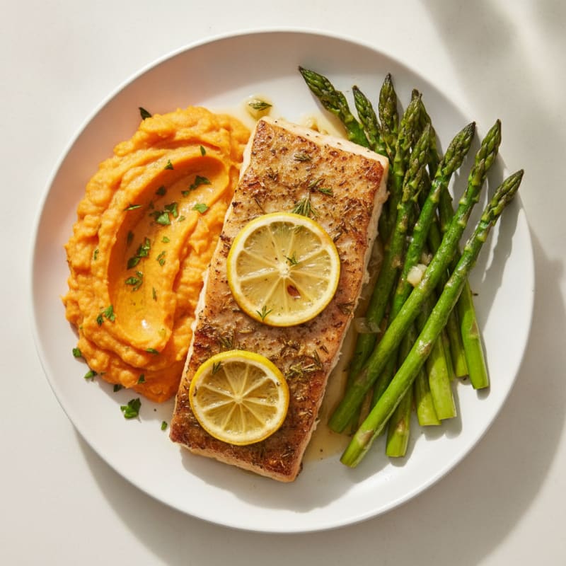 Herb-Roasted Steelhead Trout with Asparagus and Sweet Potato Mash