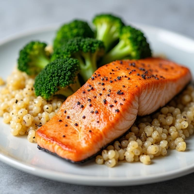 Seared Salmon Fillet with Roasted Broccoli and Quinoa