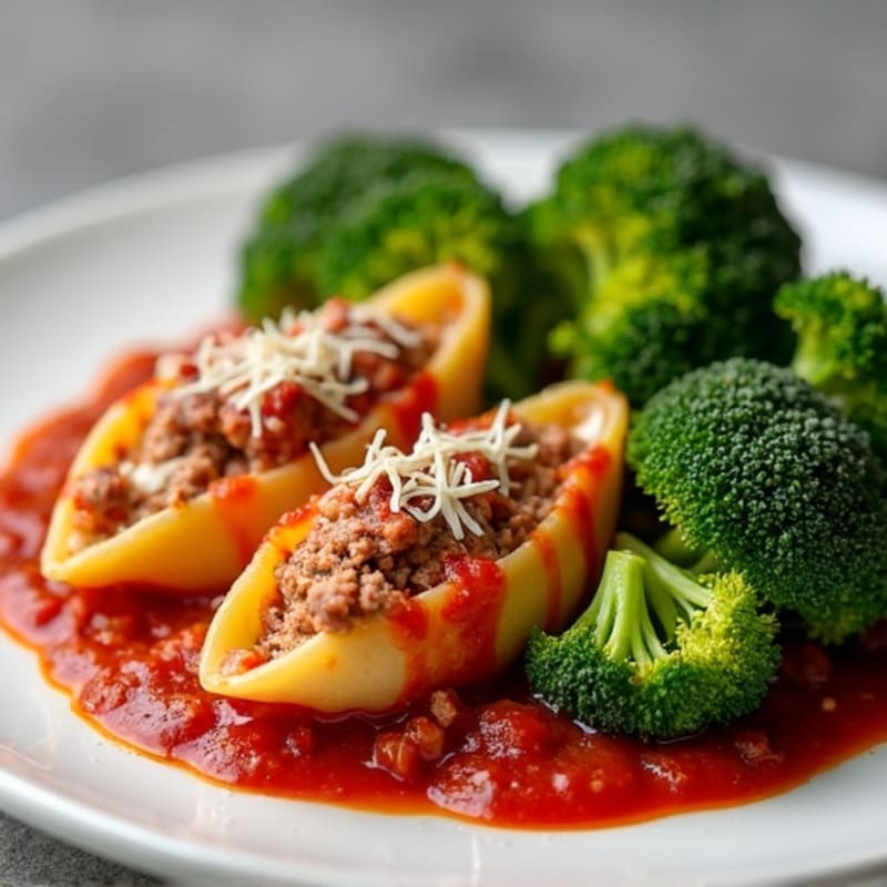 Lean Beef and Ricotta Stuffed Shells with Roasted Broccoli