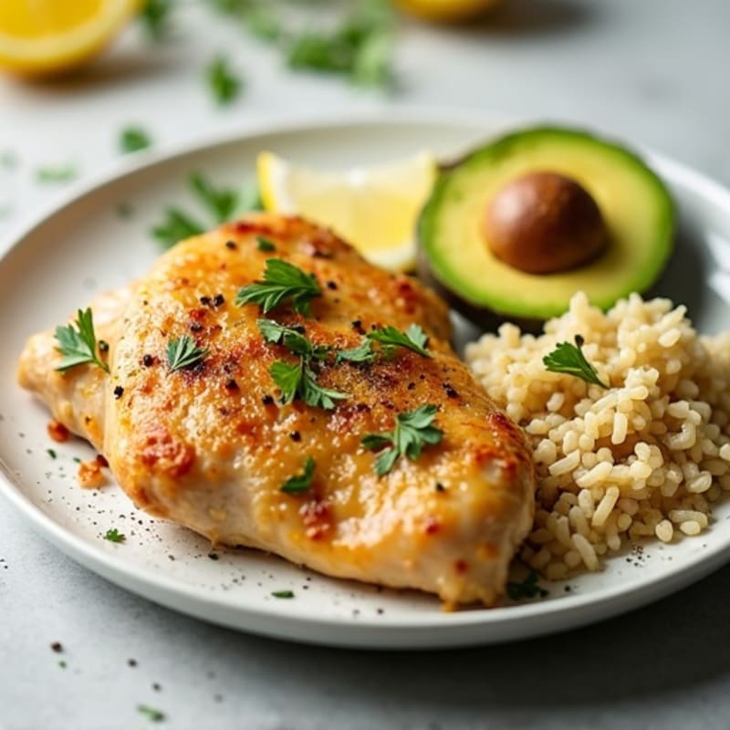 Lemon Herb Roasted Chicken with Fluffy Brown Rice and Creamy Sliced Avocado