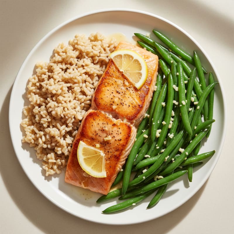 Seared Salmon with Garlic Green Beans and Brown Rice