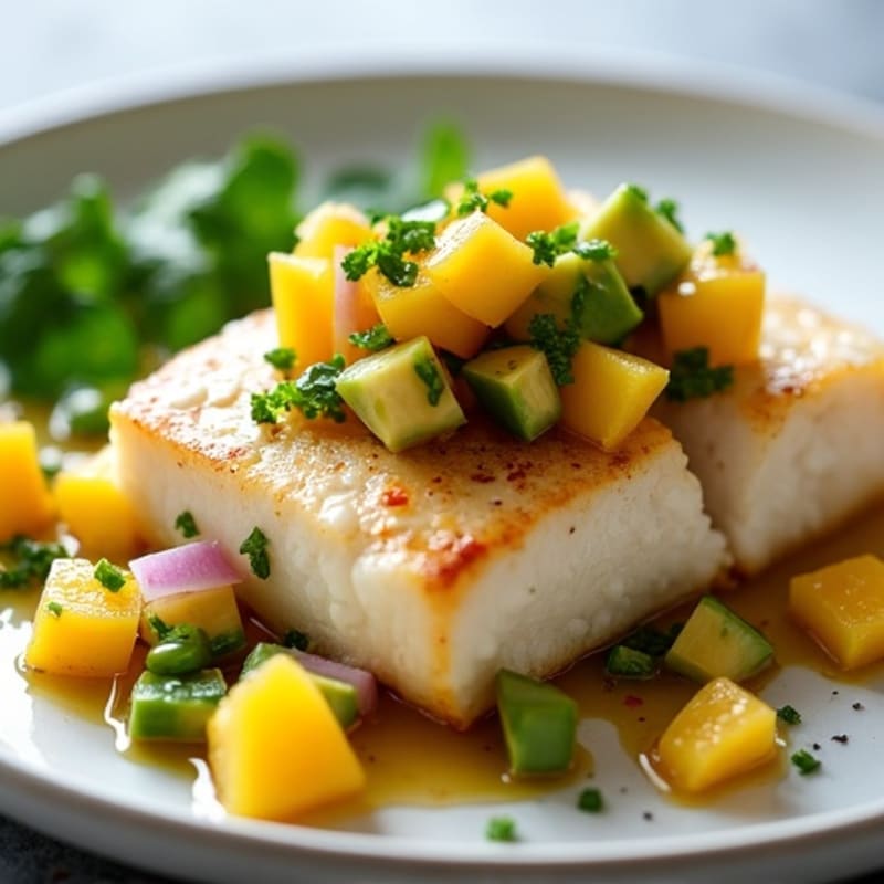 Flaky Pan-Seared Halibut with Zesty Mango Avocado Salsa