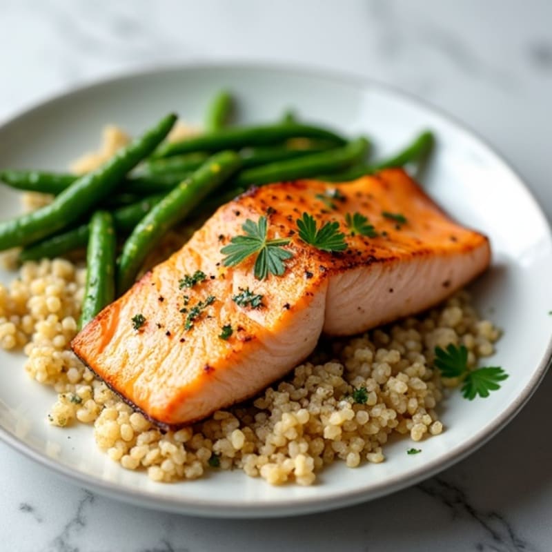 Seared Salmon Fillet with Garlic Green Beans and Quinoa