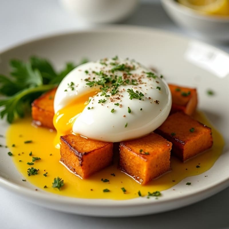 Poached Eggs with Roasted Sweet Potato and Creamy Lemon Herb Sauce