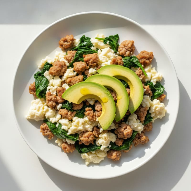 Scrambled Egg Whites with Turkey Sausage and Sautéed Spinach