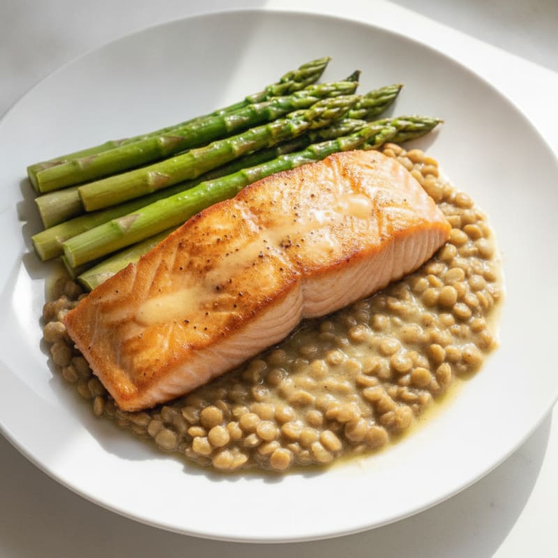 Seared Salmon with Creamy Garlic Lentils and Steamed Asparagus