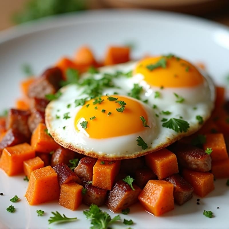 Crispy Sweet Potato Hash with Fried Eggs and Fresh Herbs