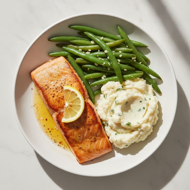 Seared Salmon with Garlic Green Beans and Mashed Cauliflower