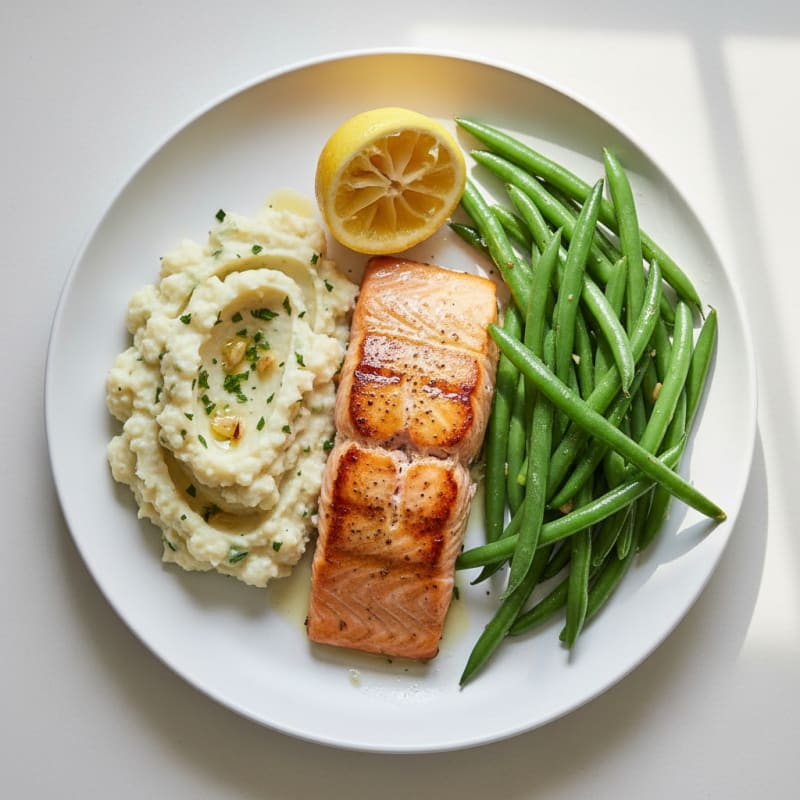 Seared Salmon with Steamed Green Beans and Garlic Mashed Cauliflower