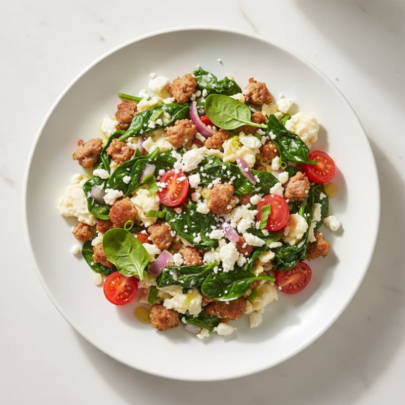 Egg White and Turkey Sausage Scramble with Sautéed Spinach