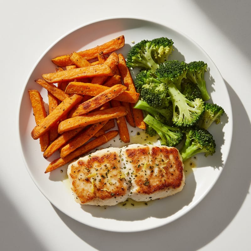 Pan-Seared Fish Burger Patty with Roasted Sweet Potato Fries and Steamed Broccoli