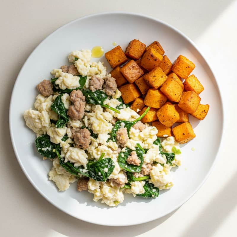 Egg White and Turkey Sausage Scramble with Spinach and Roasted Sweet Potatoes