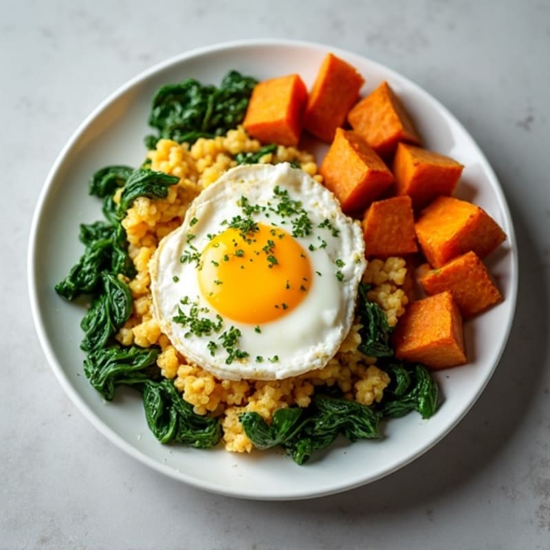 Egg White and Turkey Spinach Scramble with Roasted Sweet Potato