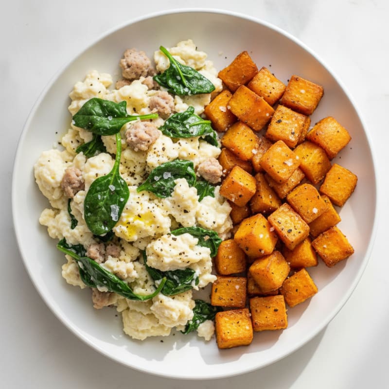 Egg White and Turkey Sausage Scramble with Spinach and Roasted Sweet Potato