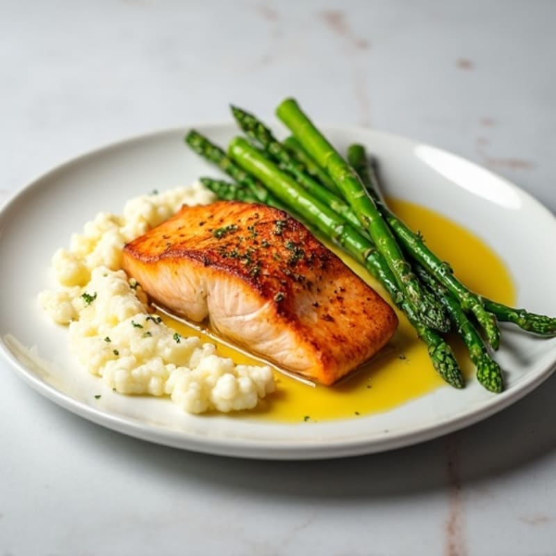 Seared Salmon with Steamed Asparagus and Cauliflower Mash