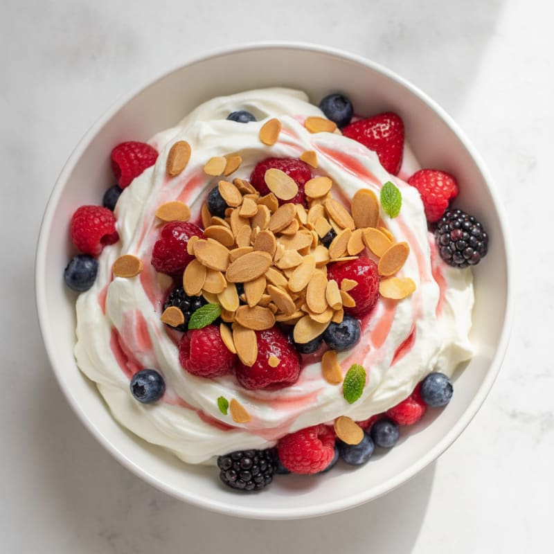 Protein Greek Yogurt Parfait with Mixed Berries and Almonds
